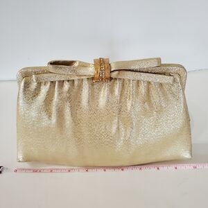 VTG 60s AFTER FIVE Metallic Gold Fabric Clutch Jewel Bow Clasp & Coin Purse PROM